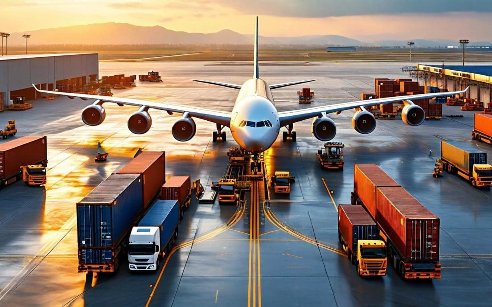 Airport apron at sunset with an aircraft, cargo trucks and containers