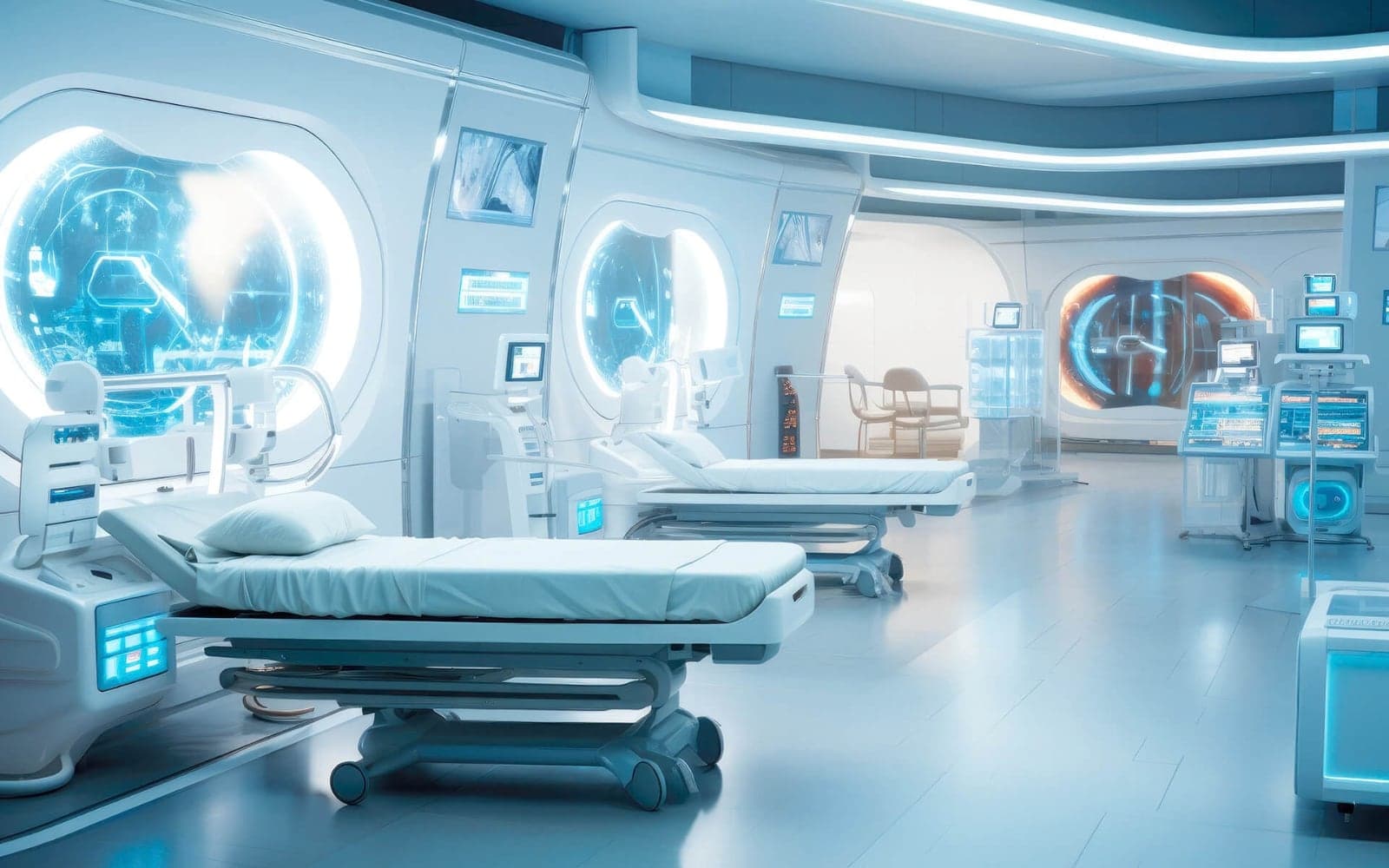 Modern hospital ward with patient beds and monitoring equipment