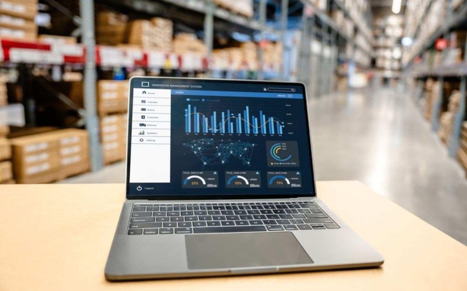 Laptop showing a logistics dashboard in a warehouse aisle