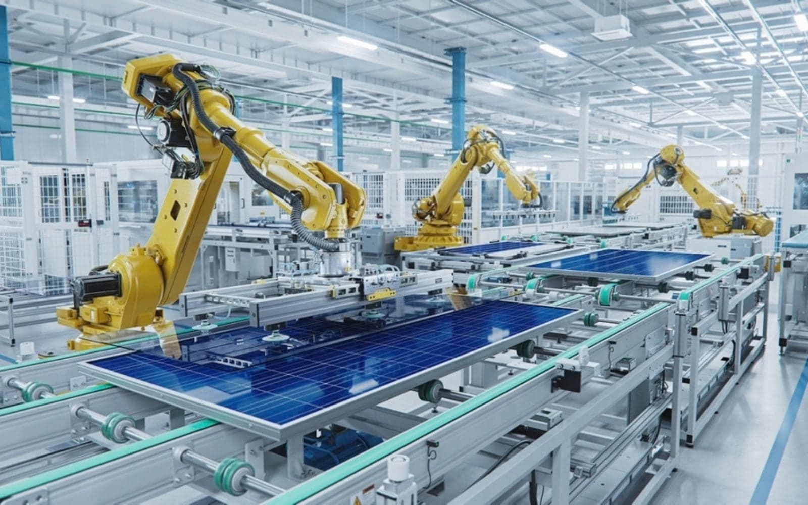 Robotic arms assembling panels on an automated manufacturing line