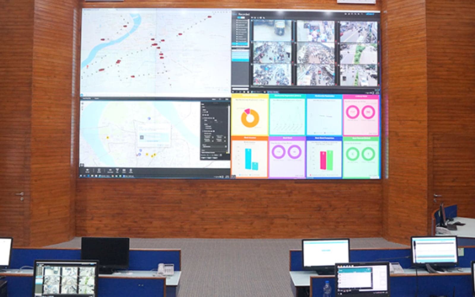 City command and control centre with a video wall of maps and camera feeds