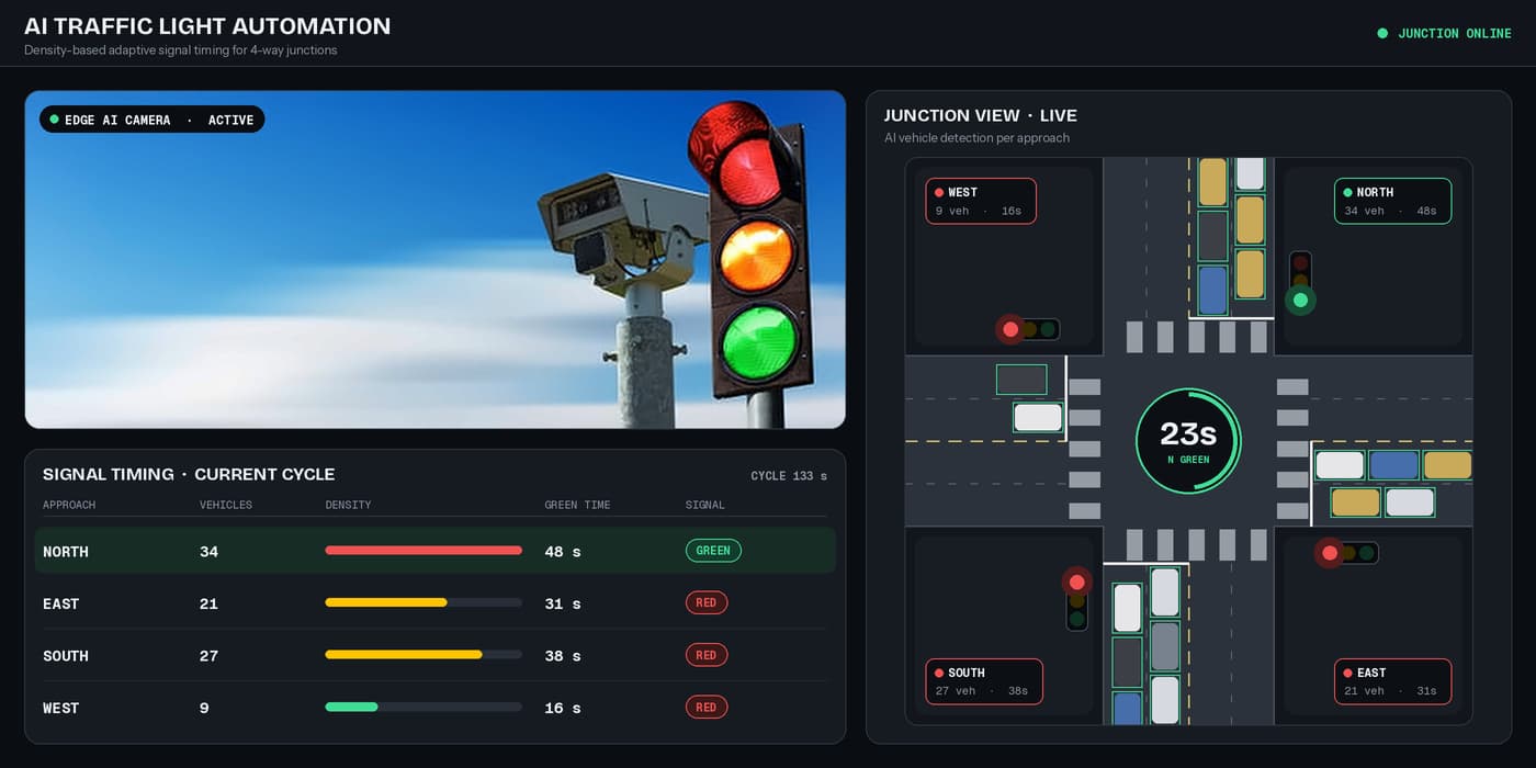 AI traffic signal dashboard with live junction view and signal timing