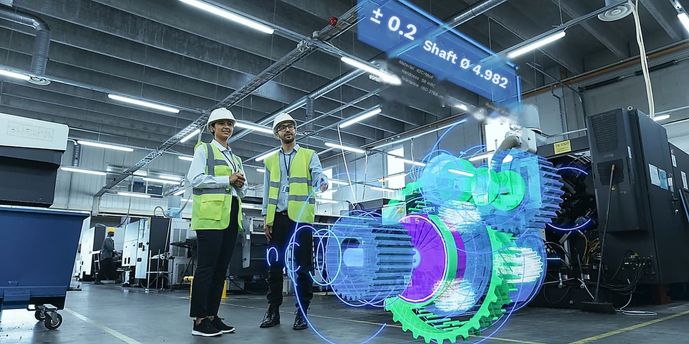 Equipment digital twin overlaid on a gearbox on the plant floor